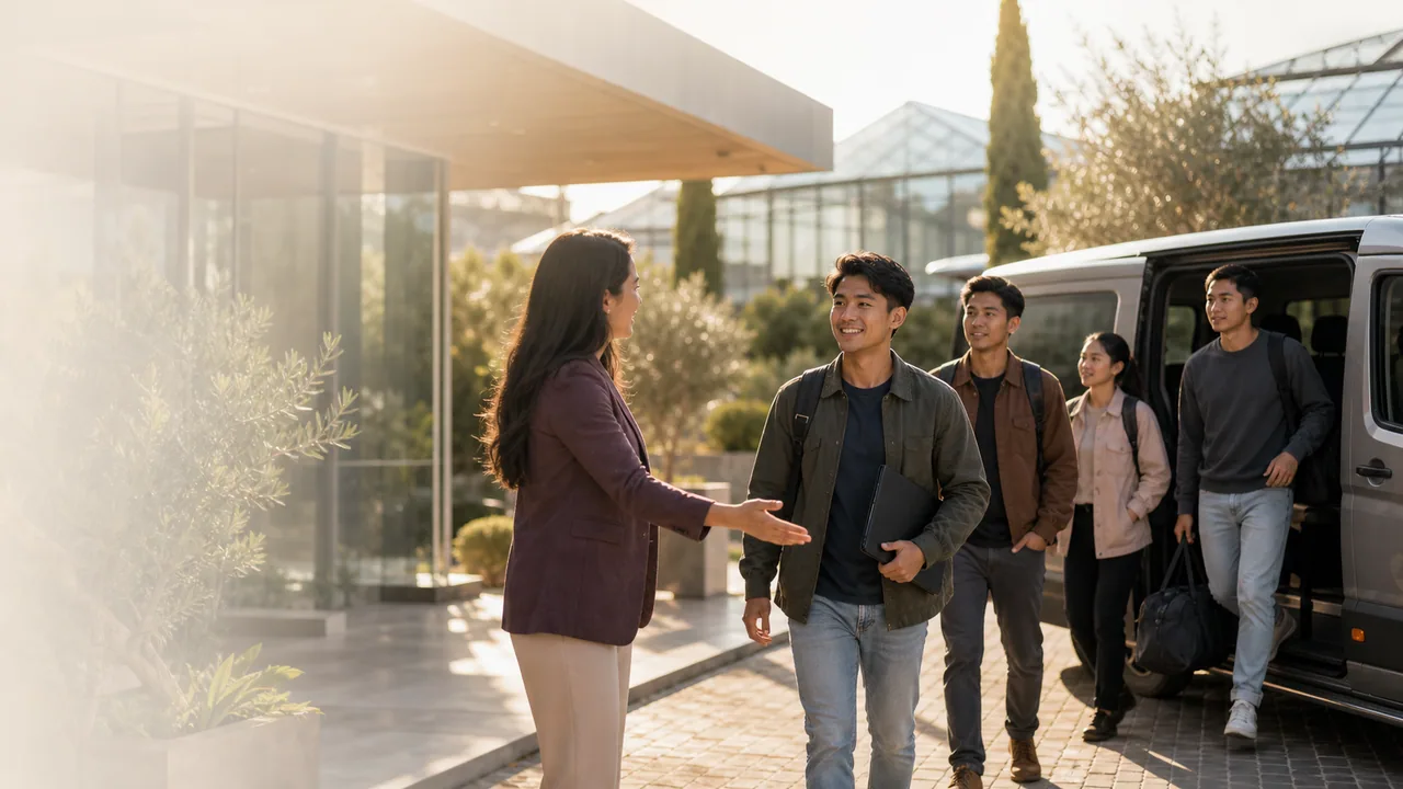 Asian workers meeting a local coordinator at a modern European workplace
