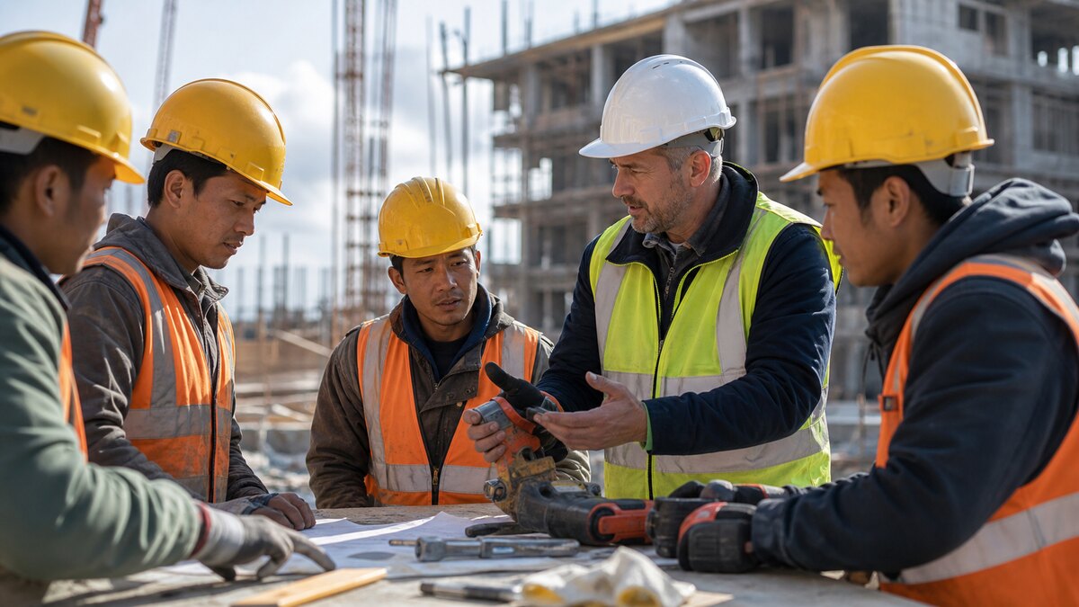Lucrători într-un mediu de construcții