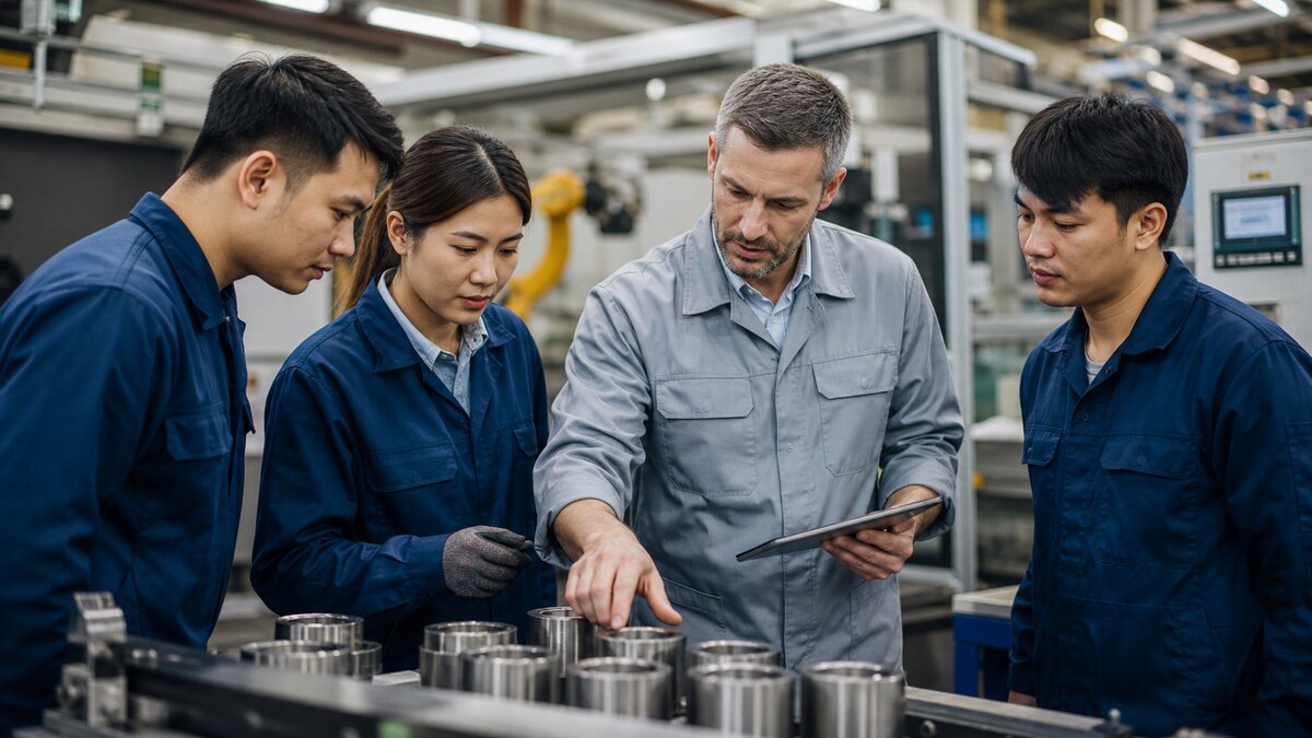 Lucrători asiatici într-un mediu de producție