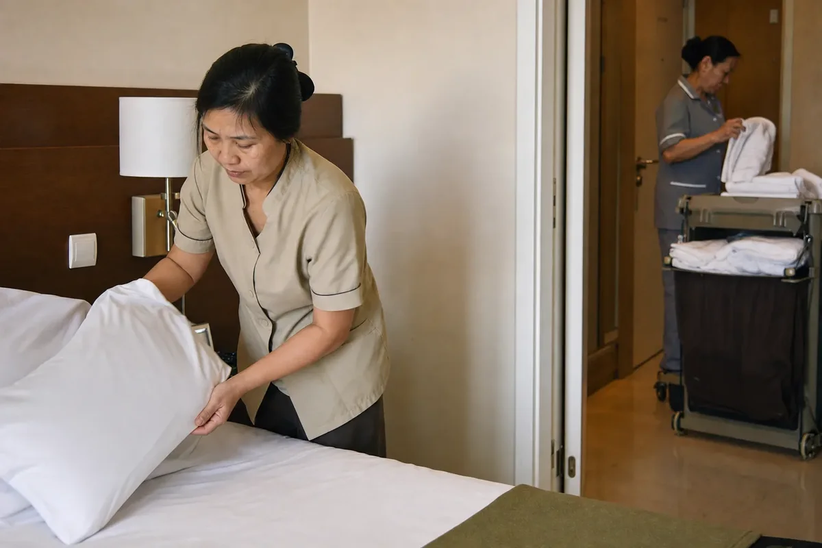 Hotel housekeeping worker preparing a guest room