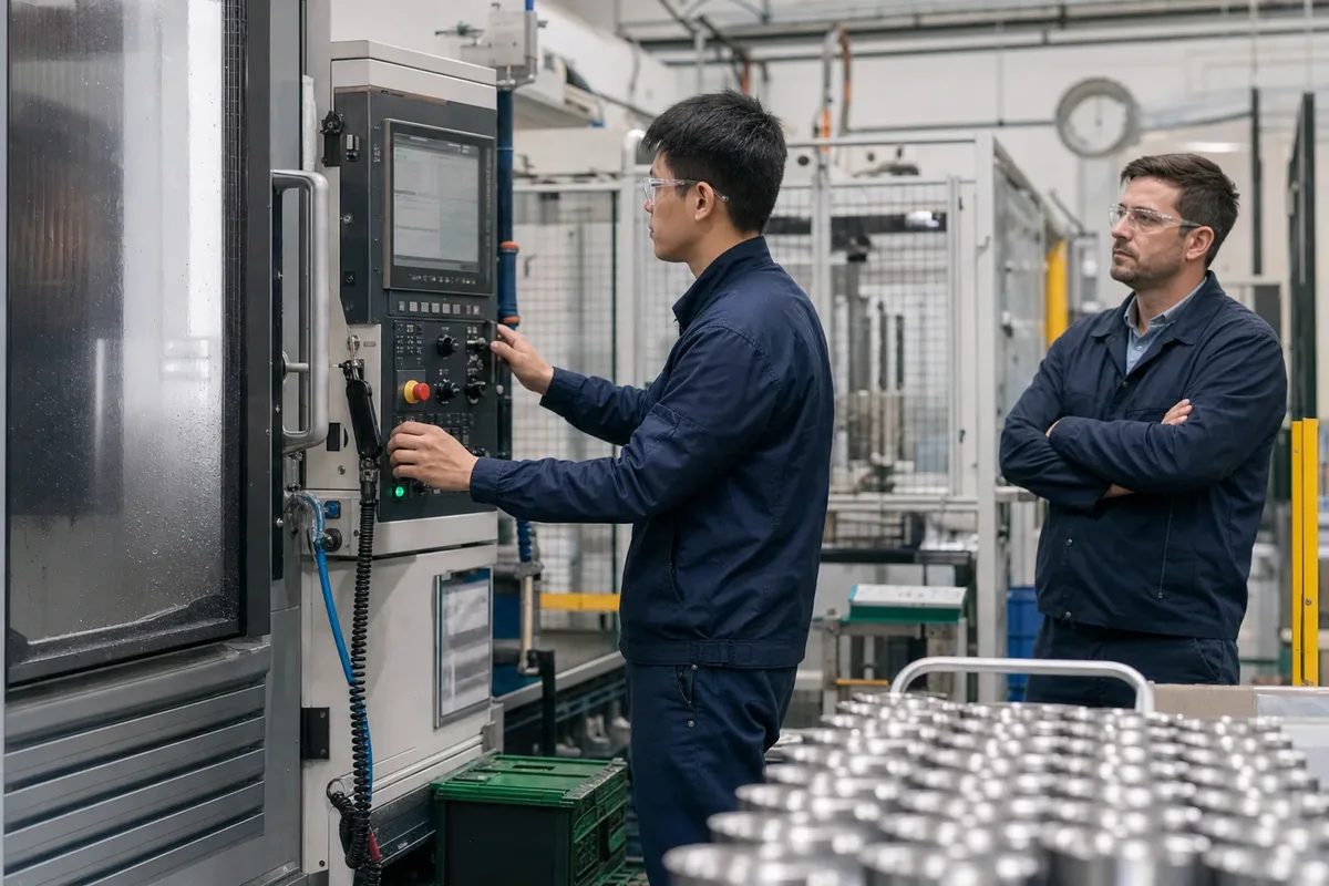 Machine operator checking production equipment in a factory